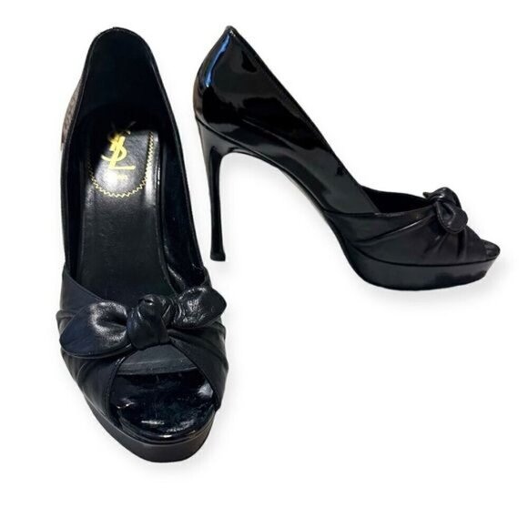 Yves Saint Laurent Palais 105 Peep Toe Pumps in Black Patent/ Leather, Size 39.5 - Picture 3 of 16